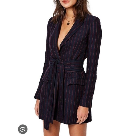 Bec Bridge Mia Wrap Blazer Mini Dress Size 8 Linen Navy Blue Red - Picture 1 of 9